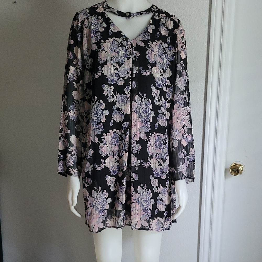 Lilac Clothing Black Floral Long Sleeve Dress with Pink & Purple Flowers